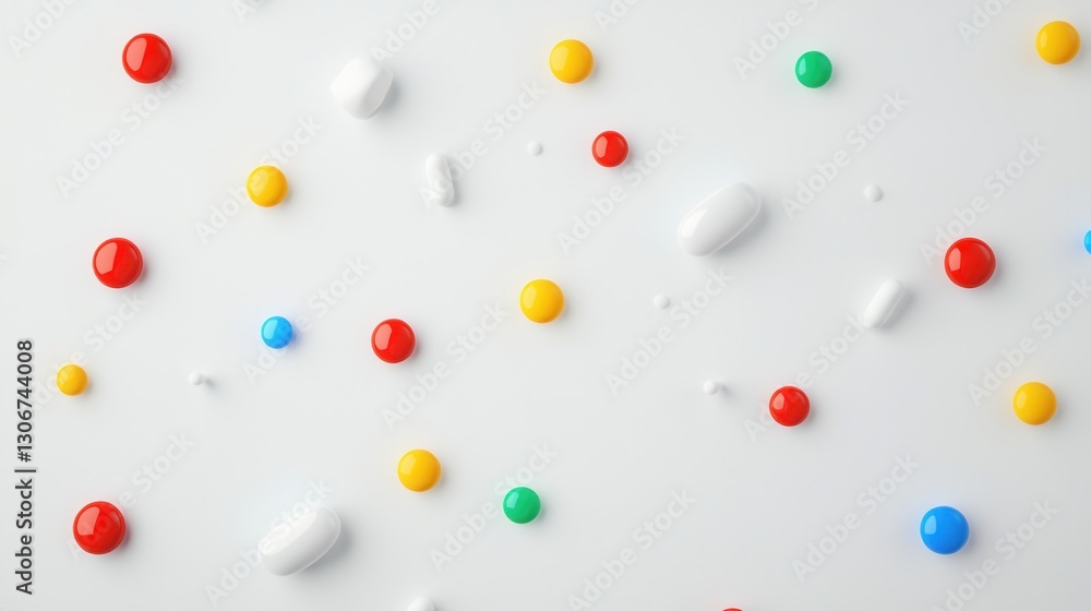 Aufkleber colorful capsules scattered on a minimalist white background with realistic lighting and balanced co