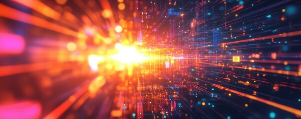 Naklejka premium Vibrant retro futuristic landscape with neon grid and sunset.