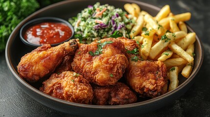 Fototapeta premium delicious fried chicken served with crispy fries creamy coleslaw and flavorful sauces creating a comforting and satisfying meal