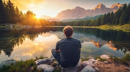 A man in a grey shirt stands in the vast expanse of an endless field, gazing at the breathtaking sunrise.