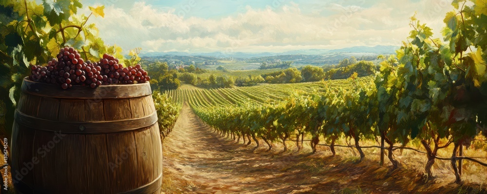 Poster vineyard scene with wooden barrel and hanging grape clusters in foreground. rows of lush grapevines 