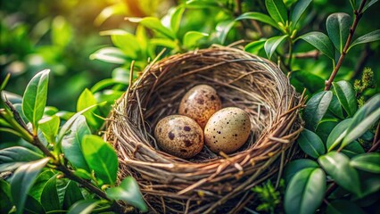 Fototapeta premium Three speckled eggs nestled in a bird's nest, captured from above by a drone; nature's artistry.