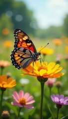 Fototapeta premium Painted lady butterfly amidst wildflowers, sunny meadow , summer, flower