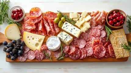 A beautifully arranged charcuterie board showcases an array of savory meats, rich cheeses, fresh fruits, and herbs, perfect for an evening gathering. The warm candlelight adds an inviting touch