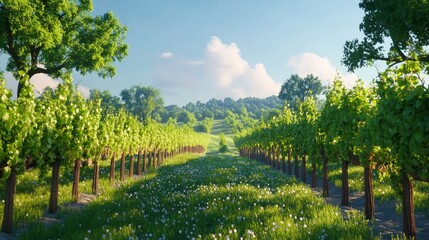 Naklejka premium Scenic vineyard landscape with rows of grapevines under clear blue sky, peaceful and lush, ultra-detailed, 8k