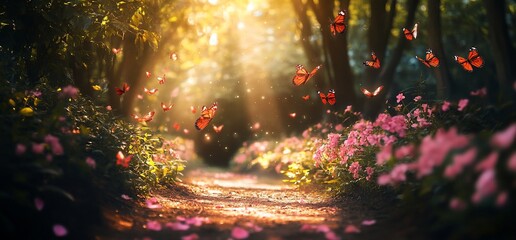 Fototapeta premium Sunlit path, butterflies, flowers, forest (1)