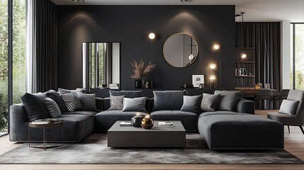Stylish black Apartment Living Room with Comfortable Sofa, T-Table, Elegant Luxury Living Room