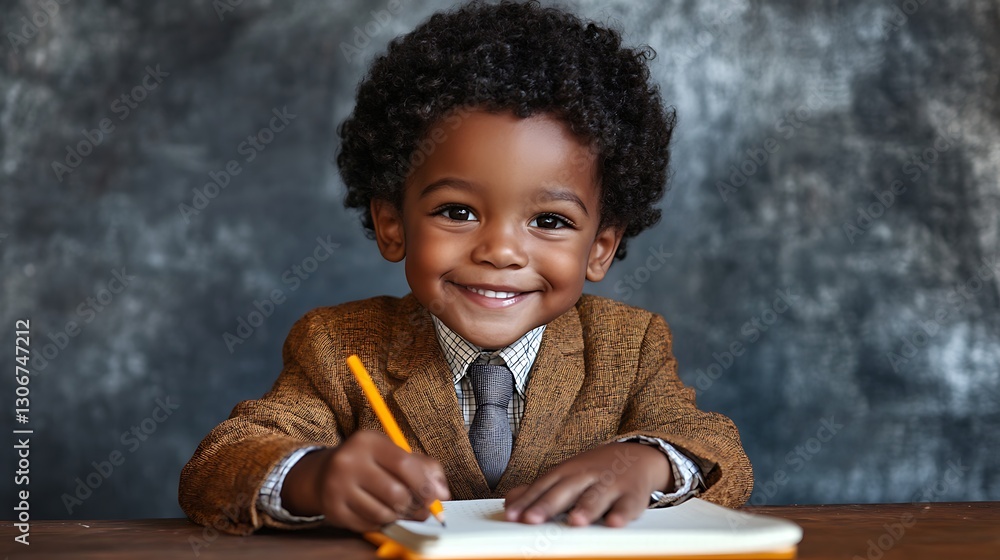 Poster classroom learning with african american child smiling while writing in notebook representing school