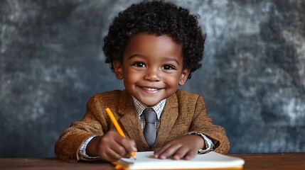 classroom learning with african american child smiling while writing in notebook representing school education student focus study session academic practice and learning environment