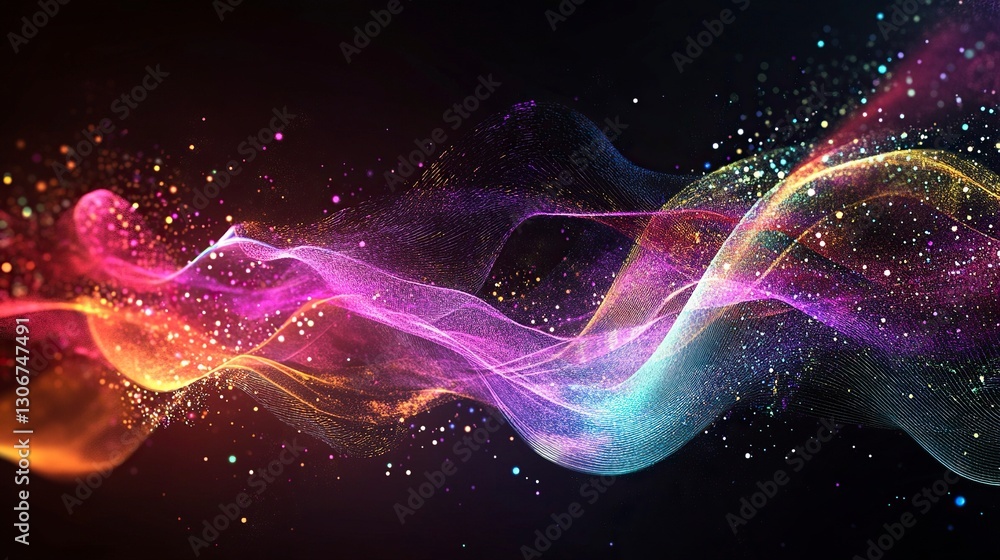 Poster 3d render of an abstract background with neon light lines on black, a glowing geometric stage design