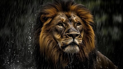 Fototapeta premium Majestic lion portrait in rain.