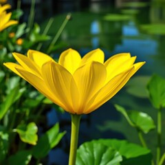 Obraz premium Bright yellow petals unfolding near water surface, garden, greenery