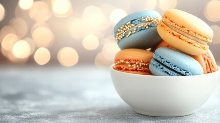 Colorful French Macarons in a Bowl Sweet Treats Against a Sparkling Bokeh Background