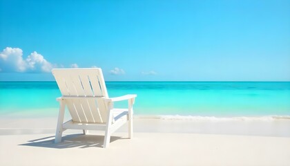 Fototapeta premium A wide-angle shot captures a serene beach scene under a clear blue sky, featuring a white beach chair as the focal point