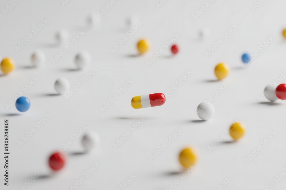 Poster colorful capsules scattered on a minimalist white background with realistic lighting emphasizing det