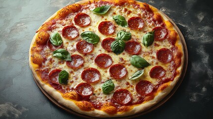 delicious pepperoni pizza with cheese and fresh basil on white background copy space