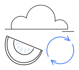 Cloud shape, melon slice with seeds, and circular blue arrows represent technology, sustainability, and renewal. Ideal for cloud computing, data, environment, food recycling eco-tech minimal