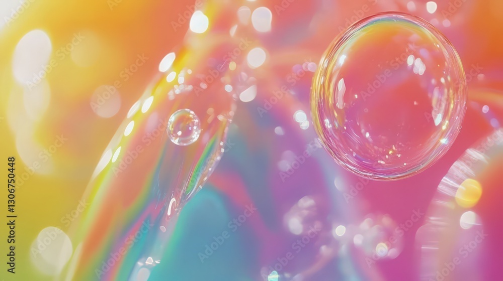 Poster iridescent soap bubbles floating with spectral colors and bokeh lights
