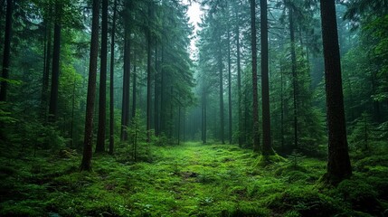 Obraz premium Pine Forest Pathway Walking Through a Serene Green Wonderland