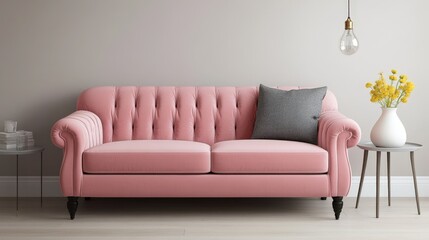 Luxurious pink velvet sofa with a chic gray pillow, curved backrest elegantly angled to the left, exuding comfort and style