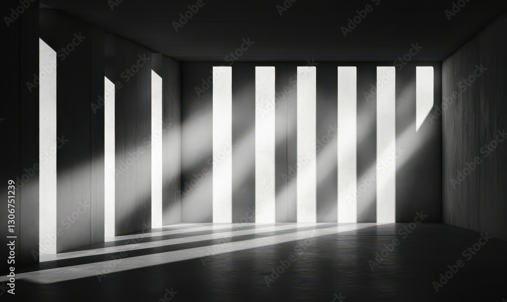 Poster white minimalistic room with blank walls and sunlight streaming through windows. sun rays and shadow