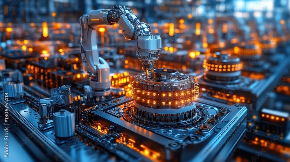Poster futuristic robotic arm assembling intricate mechanical parts on a high-tech assembly line; glowing c