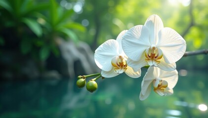 White orchid blooms with shiny water pearls hanging, elegance, serenity