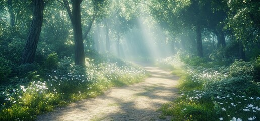 Fototapeta premium Sunlit Path Through Misty Forest