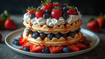 delicious stack of golden waffles topped with fresh strawberries blueberries whipped cream and syrup flowing down served on a white plate against a textured background