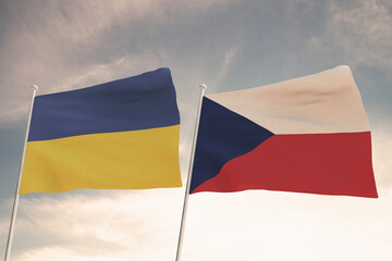 Flags of Ukraine and CZECHOSLOVAKIA waving with cloudy blue sky background, relations between countries.3D rendering.