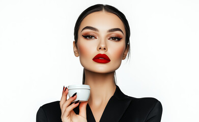 Stylish woman with red lips and sleek hair holding a small white cream jar, isolated on a white background