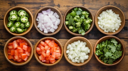 Freshly chopped ingredients for salsa in wooden bowls on rustic table