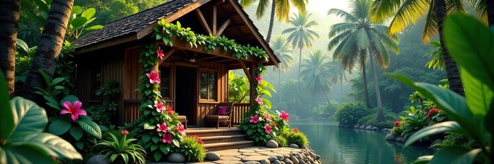 Tropical flowers and vines wrapped around a wooden lodge, scenery, flowers, jungle
