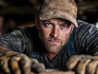 Serious Male Carpenter Focused on Woodworking in Rustic Workshop