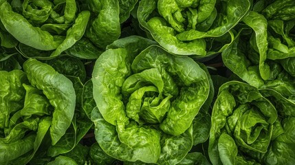 Fototapeta premium Close-up of a group of green leafy vegetables. the leaves are large and oval-shaped, with a slightly wrinkled texture. they are arranged in a scattered manner, with some overlapping each other.