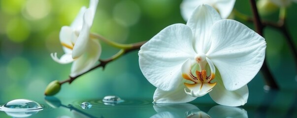 Fototapeta premium White orchid petals glisten with tiny water droplets, water droplets, serenity