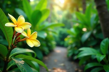 tropical garden scene with yellow frangipani flowers, green, serene, blossoms