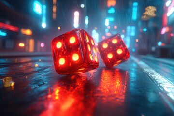 Explore the thrill of gambling with red dice in a vibrant setting with a touch of a traffic light and a car. Experience the excitement now