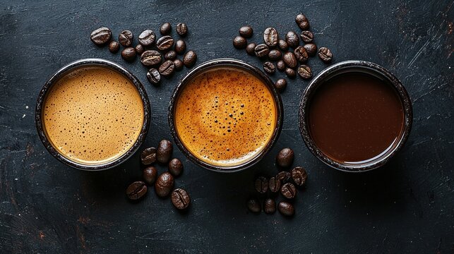Three cups of freshly brewed coffee and scattered roasted beans