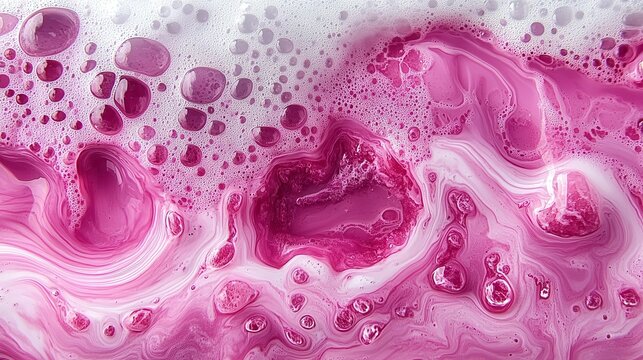 Pink and white liquid swirls, bubbles, abstract background, cosmetic texture