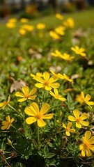 bright yellow primroses swaying gently in breeze, blooms, foliage