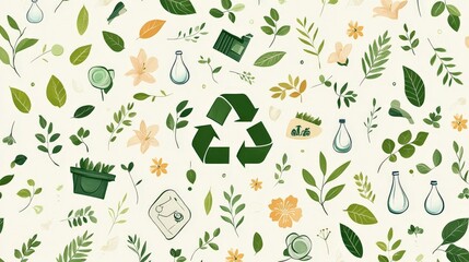 Seamless eco-friendly pattern of green leaves and small flowers intertwined with recycling symbols,