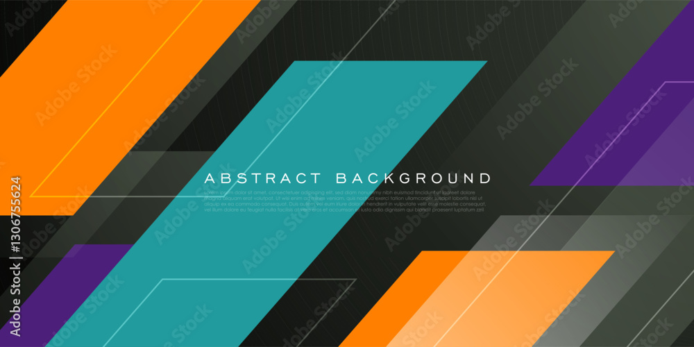 Wall mural abstract overlap shapes on dark 3d background . orange, green, and purple color pattern with lines. 