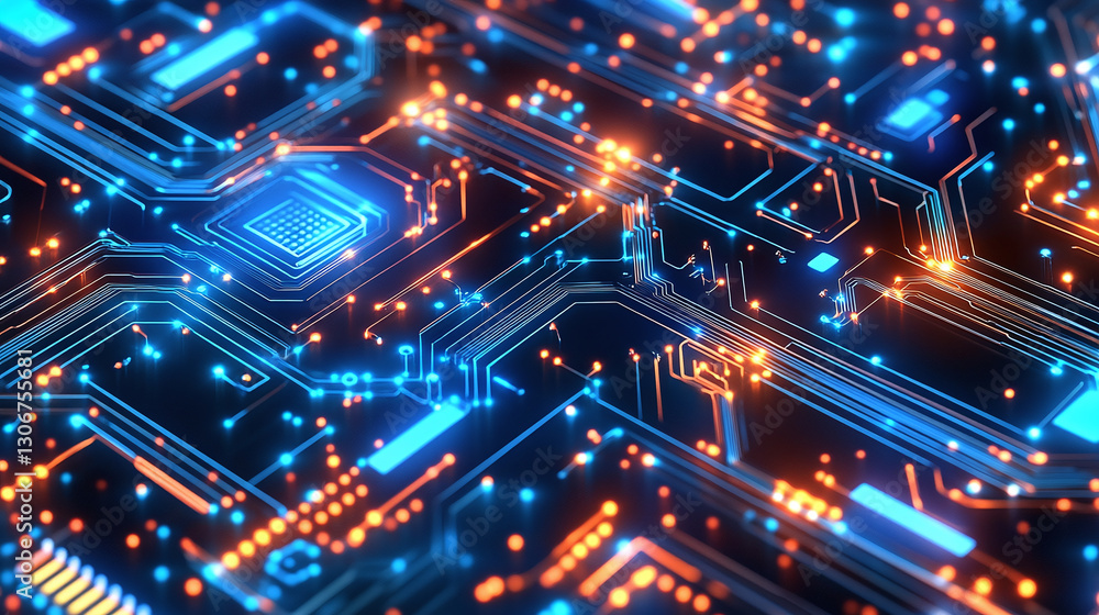 Poster futuristic circuit board: abstract tech design with glowing blue lines and orange dots. modern digit