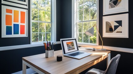 Home office workspace, laptop, sunny window, art, productivity