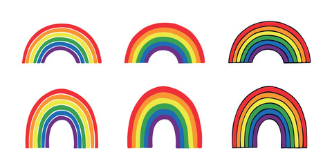Obraz premium Set of colorful rainbow shape Gay pride flag Happy pride day LGBTQIA community Pride Month Vector hand drawn doodle for posters, stickers, logo, cards