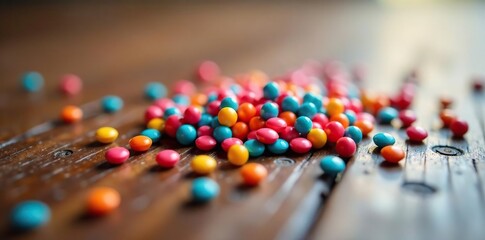 Obraz premium Plastic beads scattered on a wooden table top, surface, reflective, tiny