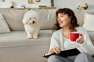 Joyful moments shared with a fluffy friend in a cozy home setting