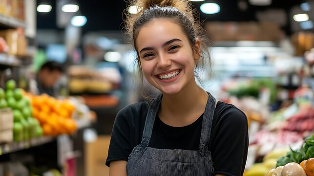 young smiling female supermarket employee looking at the camera showing cheerful grocery store staff and retail concept scene