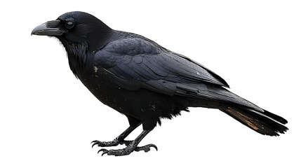 Fototapeta premium Black Crow Stands Majestically Isolated on White Background